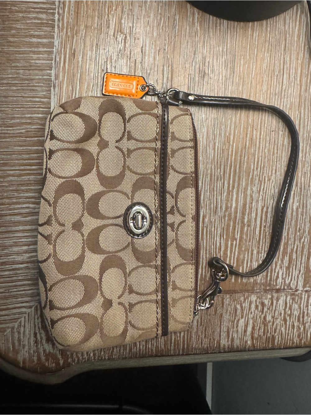 Coach Tan Signature Canvas Wristlet with Leather Trim